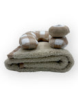 M/C SUPER SOFT CORAL FLEECE WITH PRINTED MINK BINDING BLANKET AND PILLOW SET NEUTRAL BROWN BEAR