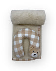 M/C SUPER SOFT CORAL FLEECE WITH PRINTED MINK BINDING BLANKET AND PILLOW SET NEUTRAL BROWN BEAR