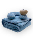 M/C SUPER SOFT CORAL FLEECE WITH PRINTED MINK BINDING BLANKET AND PILLOW SET BOY'S BLUE BEAR