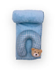M/C SUPER SOFT CORAL FLEECE WITH PRINTED MINK BINDING BLANKET AND PILLOW SET BOY'S BLUE BEAR