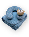 M/C SUPER SOFT CORAL FLEECE WITH PRINTED MINK BINDING BLANKET AND PILLOW SET BOY'S BLUE BEAR