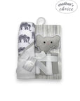 M/C HOODED TOWEL AND 4 WASHCLOTHS AND WASH SPONGE ELEPHANT