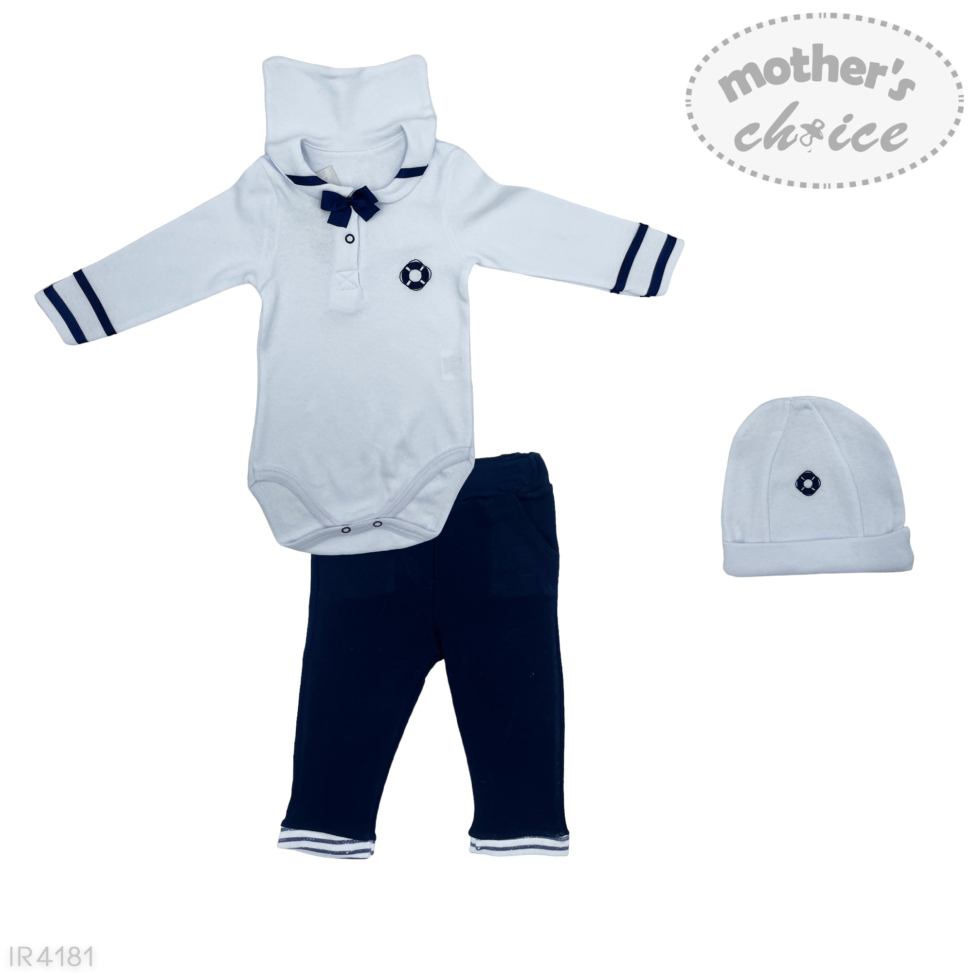 INF BOYS 3PC NAVY SAILOR ROMPER  SET 6-9M