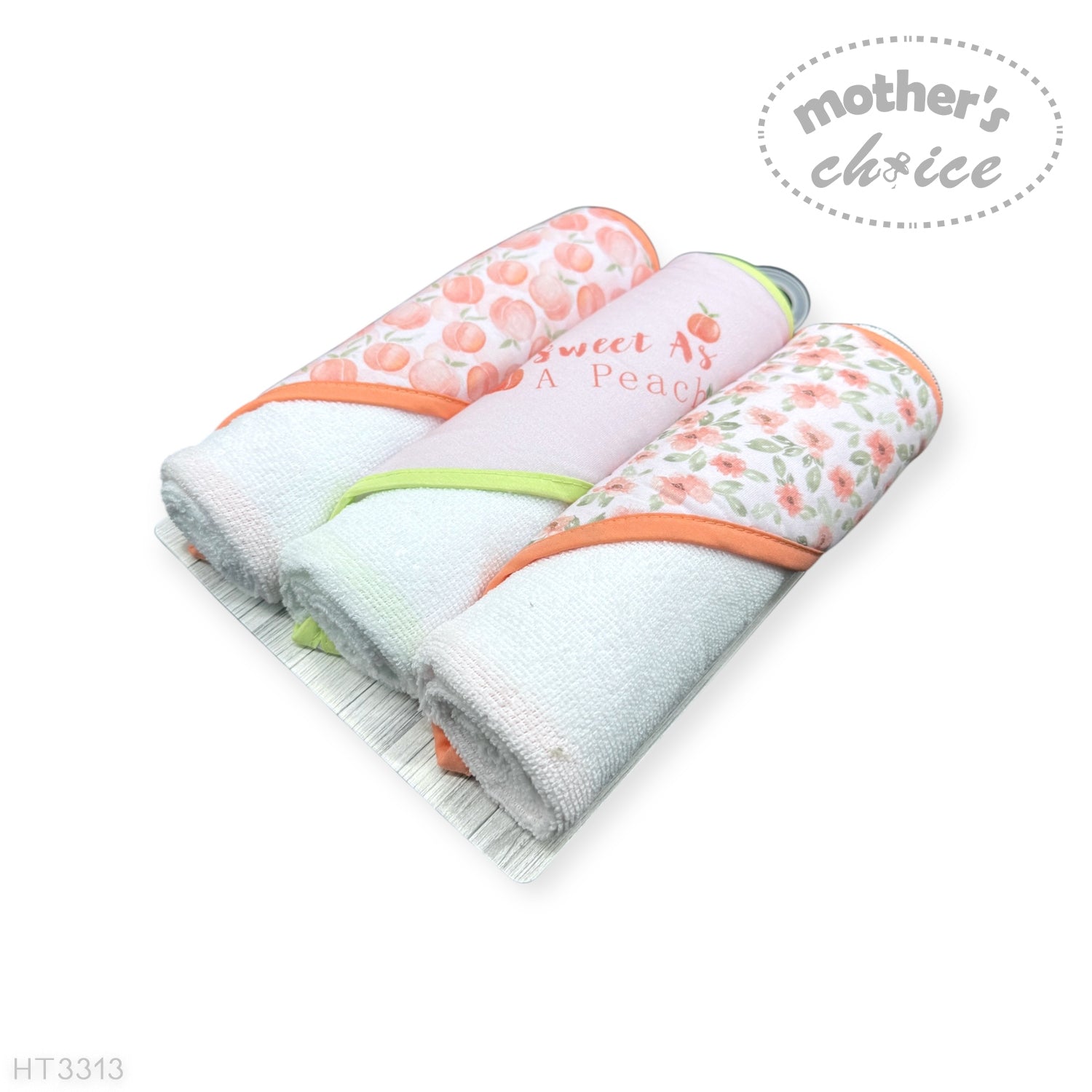 M/C 3PC HOODED TOWELS AND 3PC FACECLOTHS SWEET AS A PEACH
