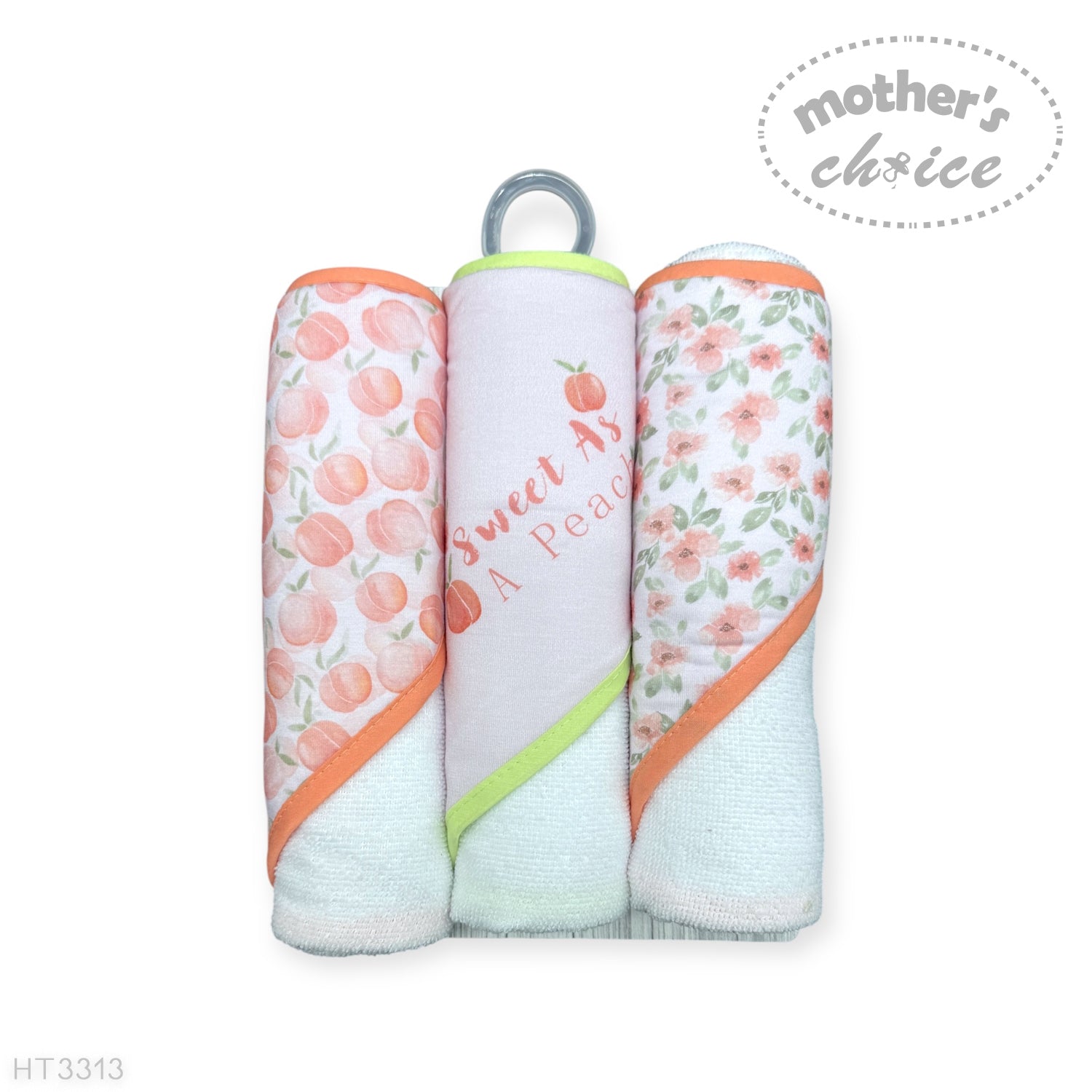 M/C 3PC HOODED TOWELS AND 3PC FACECLOTHS SWEET AS A PEACH