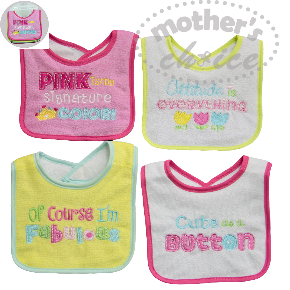 4 PACK EMBROIDED DRIBBLE PROOF BIBS - PINK IS MY SIGNATURE COLOR