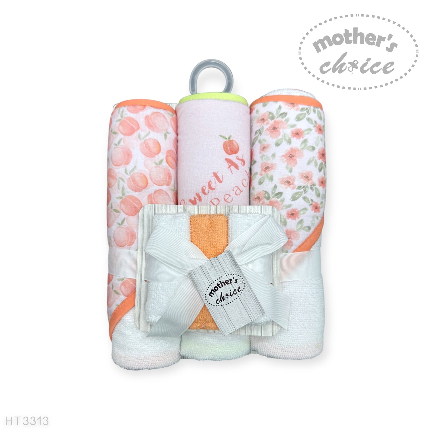 M/C 3PC HOODED TOWELS AND 3PC FACECLOTHS SWEET AS A PEACH