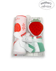 M/C HOODED TOWEL AND 4 WASHCLOTHS AND WASH SPONGE STRAWBERRY CUTE