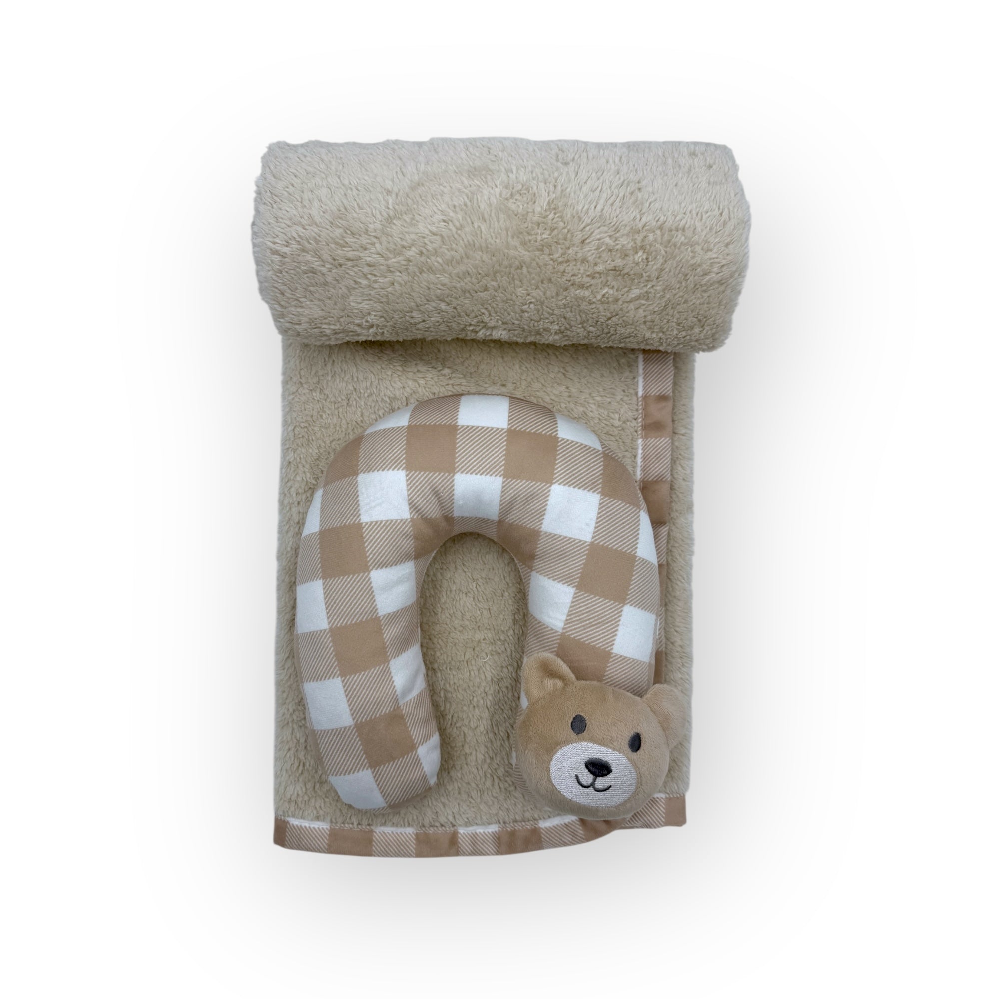 M/C SUPER SOFT CORAL FLEECE WITH PRINTED MINK BINDING BLANKET AND PILLOW SET NEUTRAL BROWN BEAR