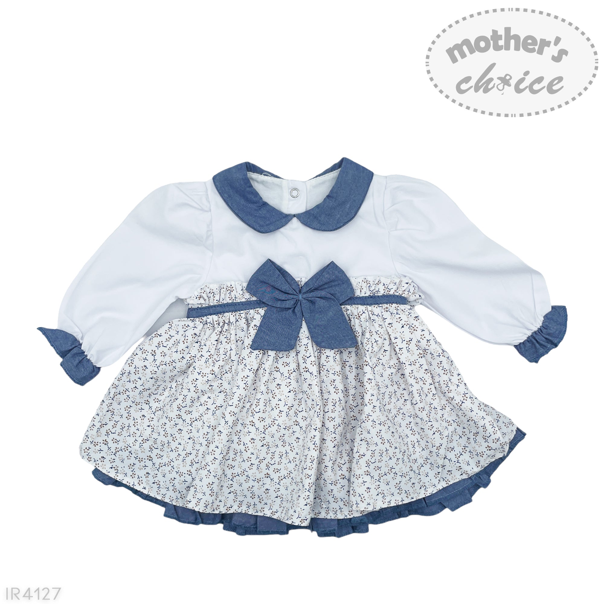 M/C GIRLS FANCY L/S DRESS SKY FLOWERS 3M