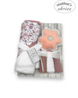 M/C HOODED TOWEL AND 4 WASHCLOTHS AND WASH SPONGE FLOWER