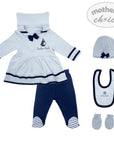 INF GIRLS 5PC NAVY SAILOR ROMPER  SET 0-3M