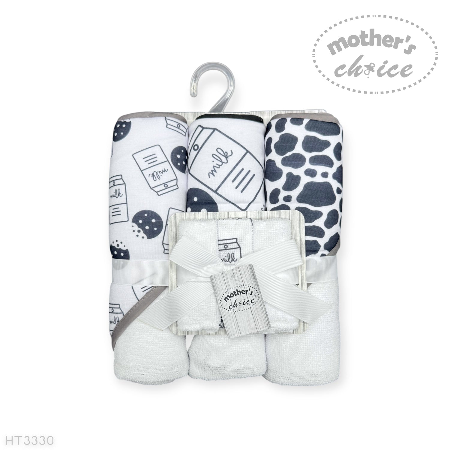 M/C 3PC HOODED TOWELS AND 3PC FACECLOTHS MILK BOTTLE