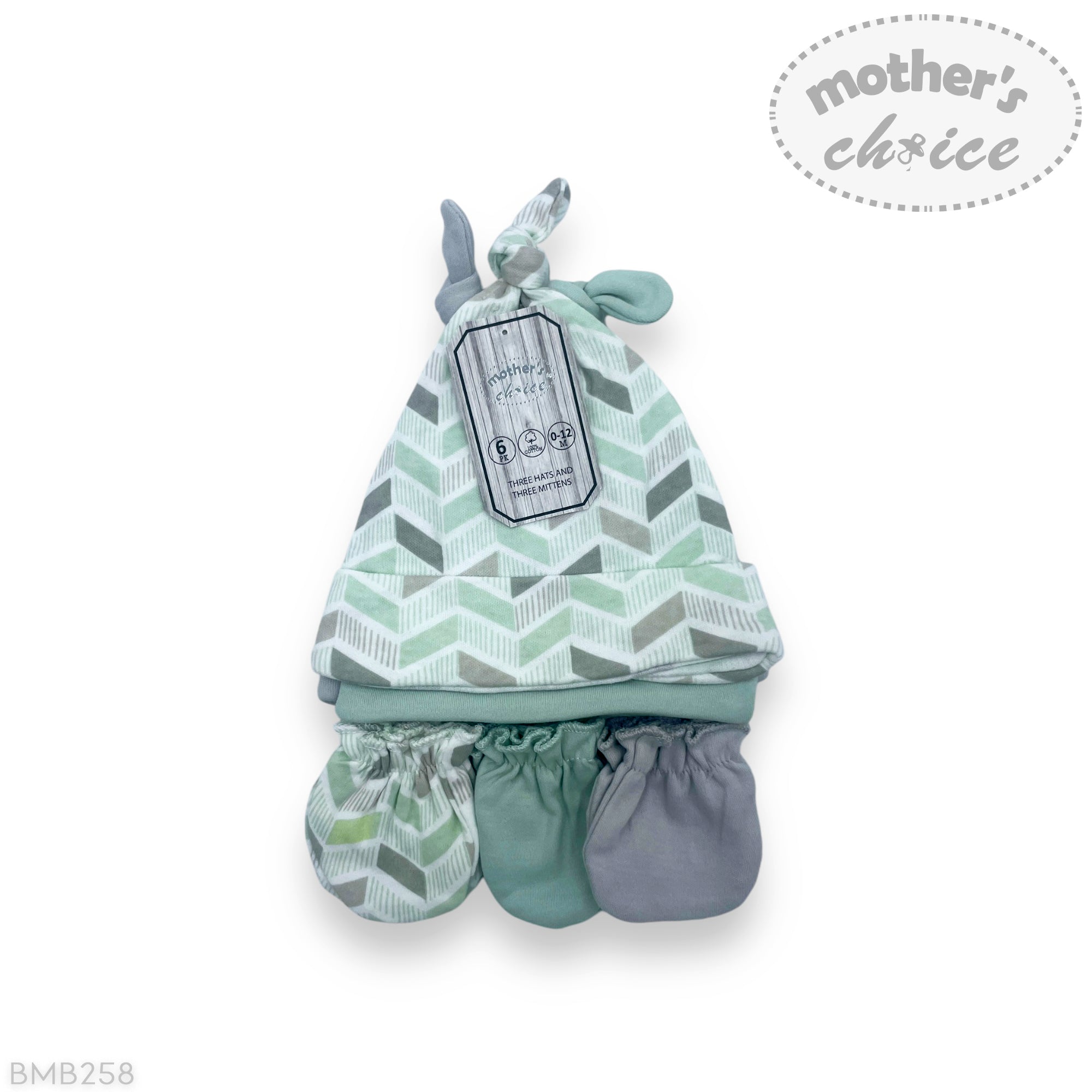 M/C 6PK KNOTTY HAT  AND MITTEN SET GREY/MINT