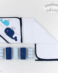 HOODED TOWEL WITH 5 FACECLOTHS 'WHALE'