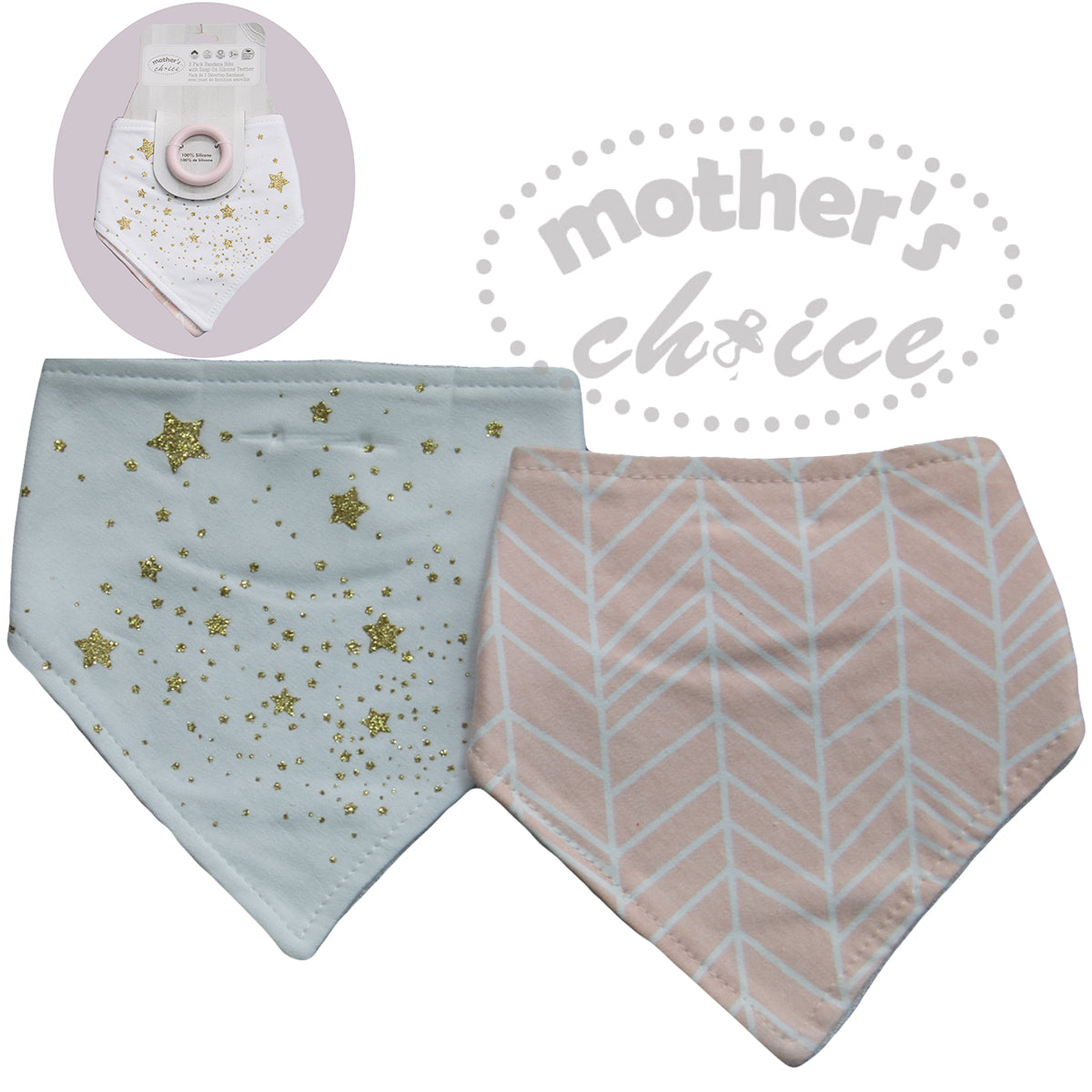 2 PACK BANDANA BIBS WITH TEETHER - STARS/PINK