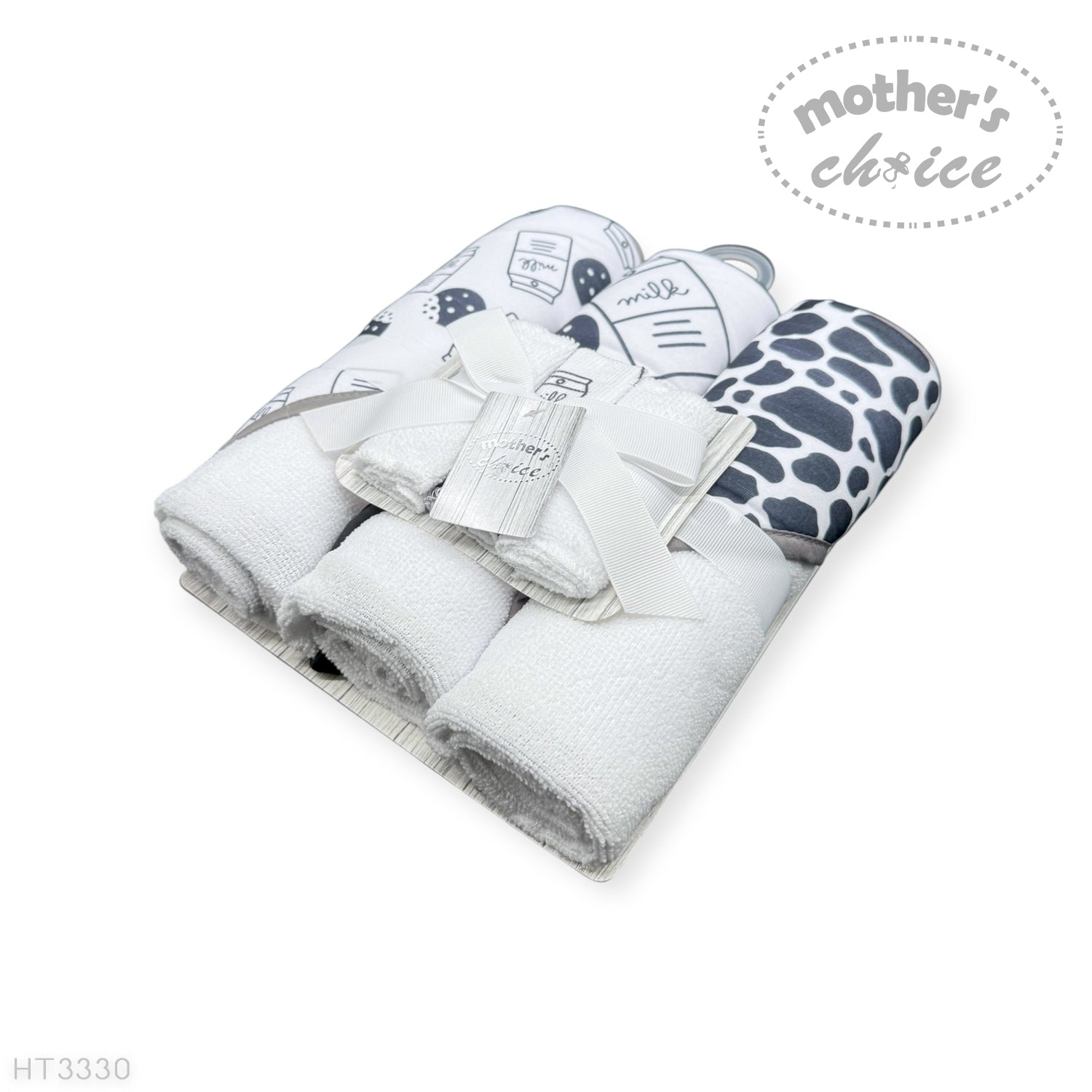 M/C 3PC HOODED TOWELS AND 3PC FACECLOTHS MILK BOTTLE