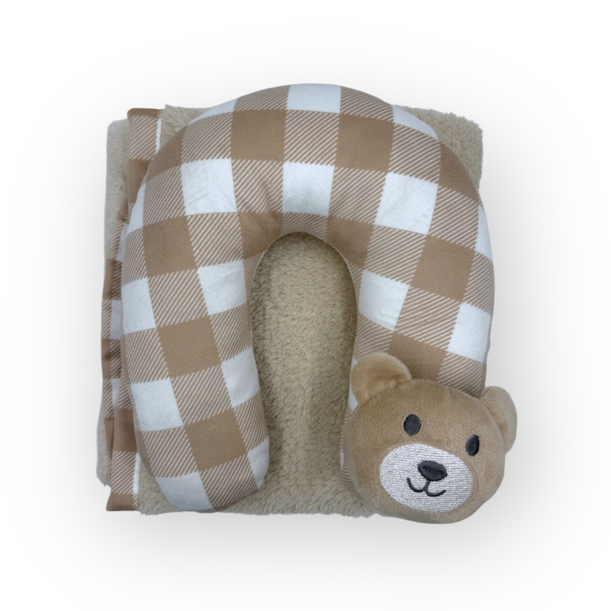 M/C SUPER SOFT CORAL FLEECE WITH PRINTED MINK BINDING BLANKET AND PILLOW SET NEUTRAL BROWN BEAR