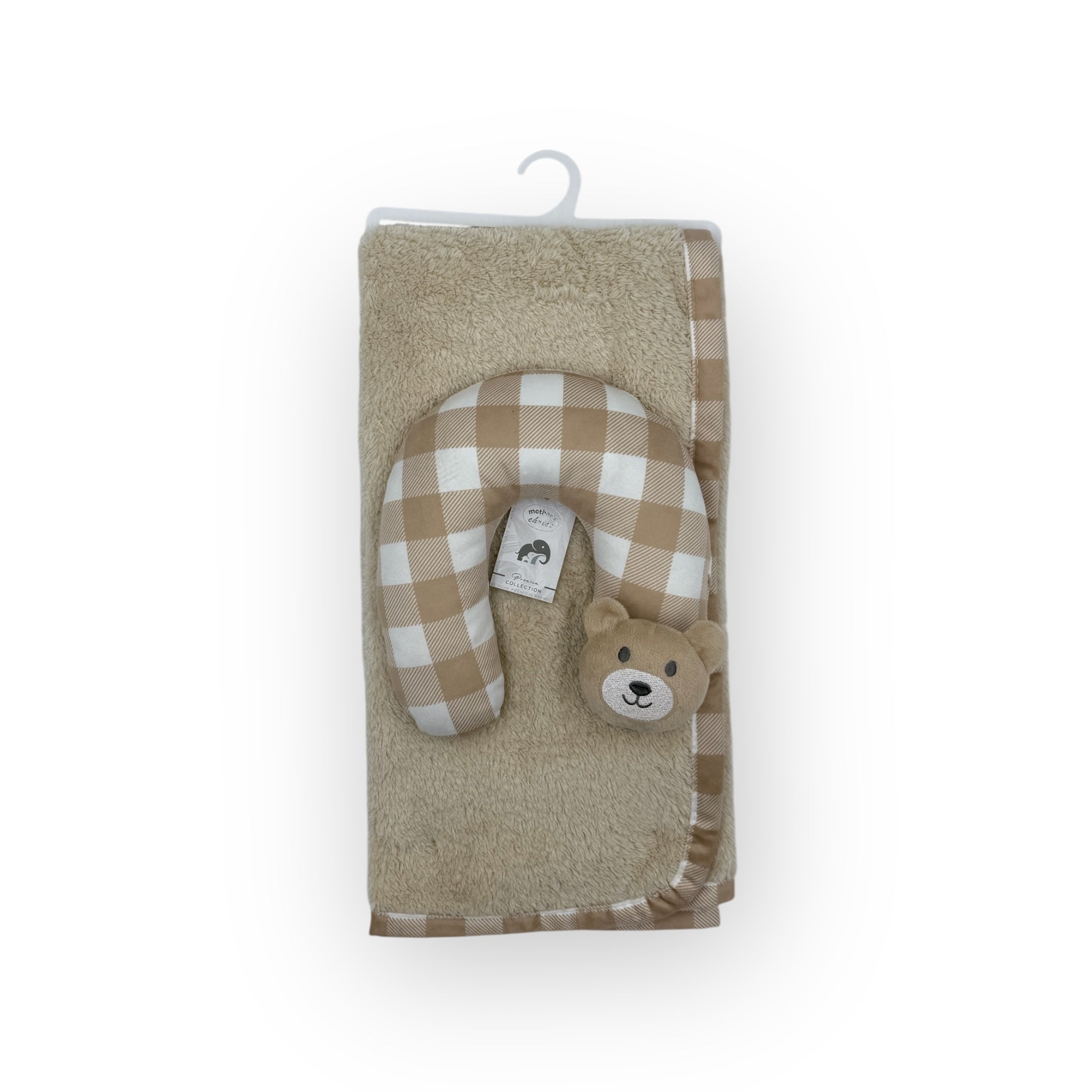 M/C SUPER SOFT CORAL FLEECE WITH PRINTED MINK BINDING BLANKET AND PILLOW SET NEUTRAL BROWN BEAR