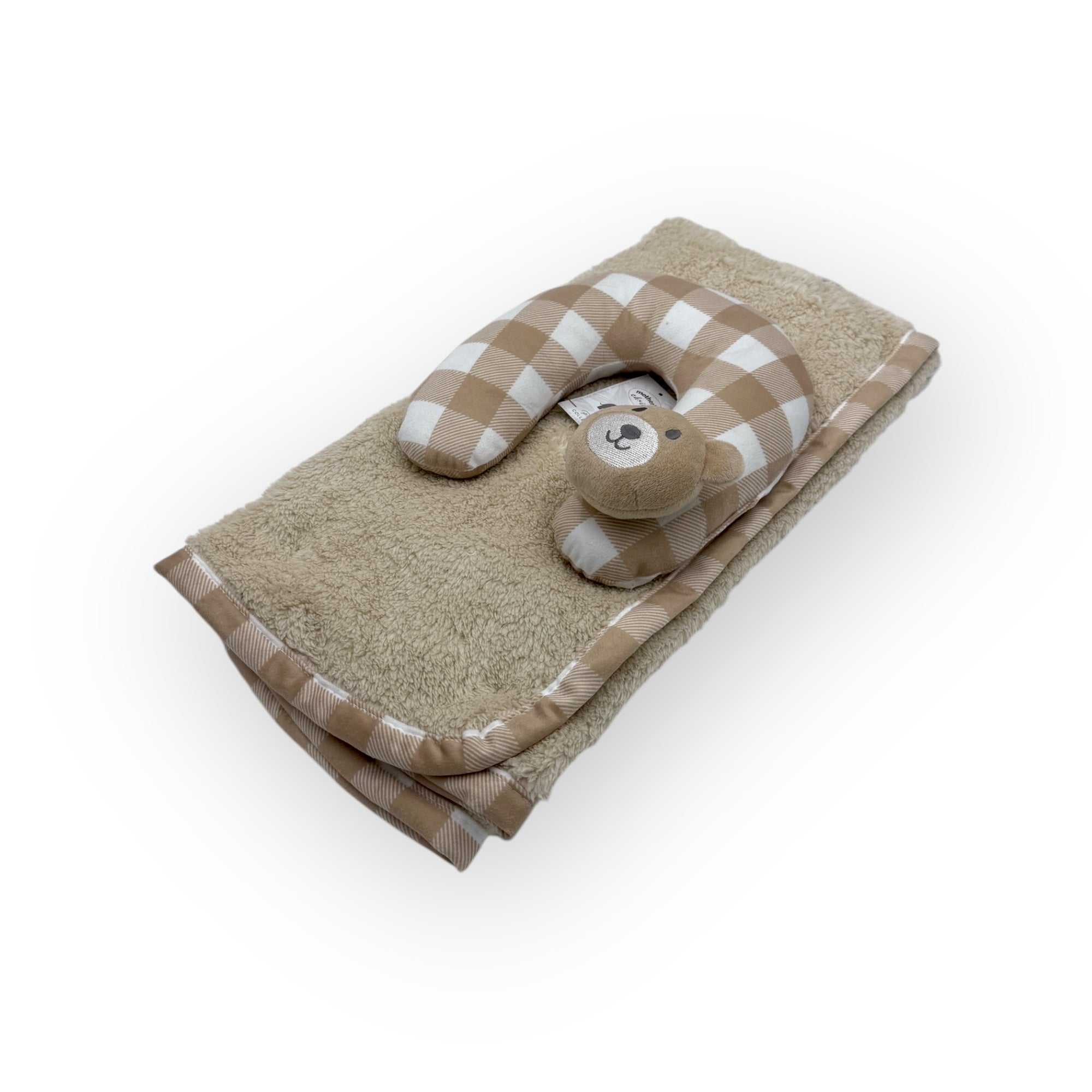 M/C SUPER SOFT CORAL FLEECE WITH PRINTED MINK BINDING BLANKET AND PILLOW SET NEUTRAL BROWN BEAR