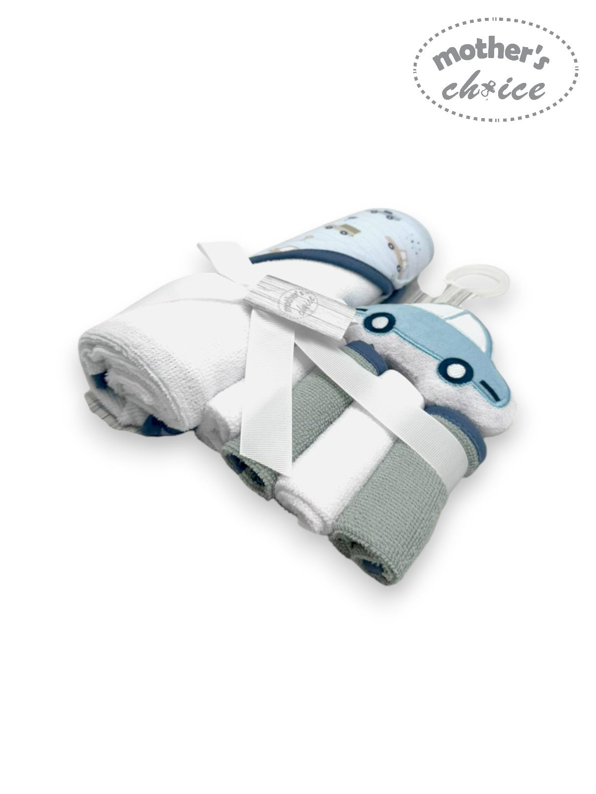 M/C HOODED TOWEL AND 4 WASHCLOTHS AND WASH SPONGE BLUE CAR