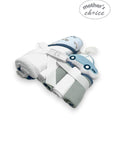 M/C HOODED TOWEL AND 4 WASHCLOTHS AND WASH SPONGE BLUE CAR