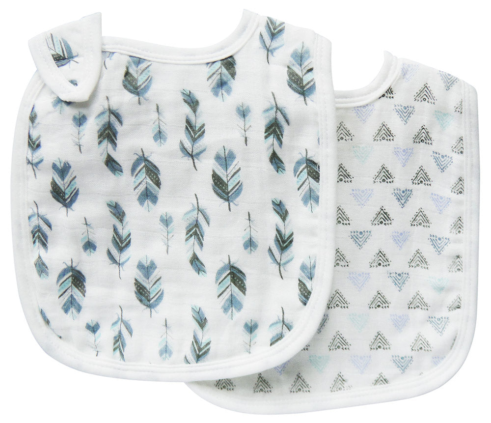 2 PACK MUSLIN BIBS &#39;BLUE FEATHERS&#39;