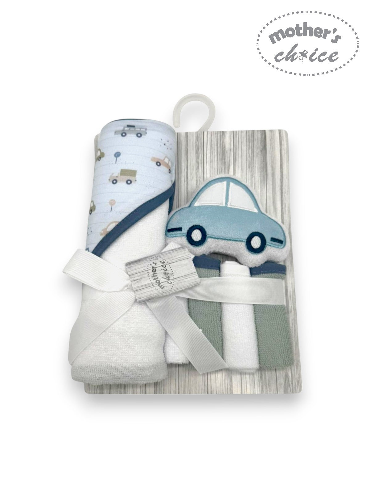 M/C HOODED TOWEL AND 4 WASHCLOTHS AND WASH SPONGE BLUE CAR