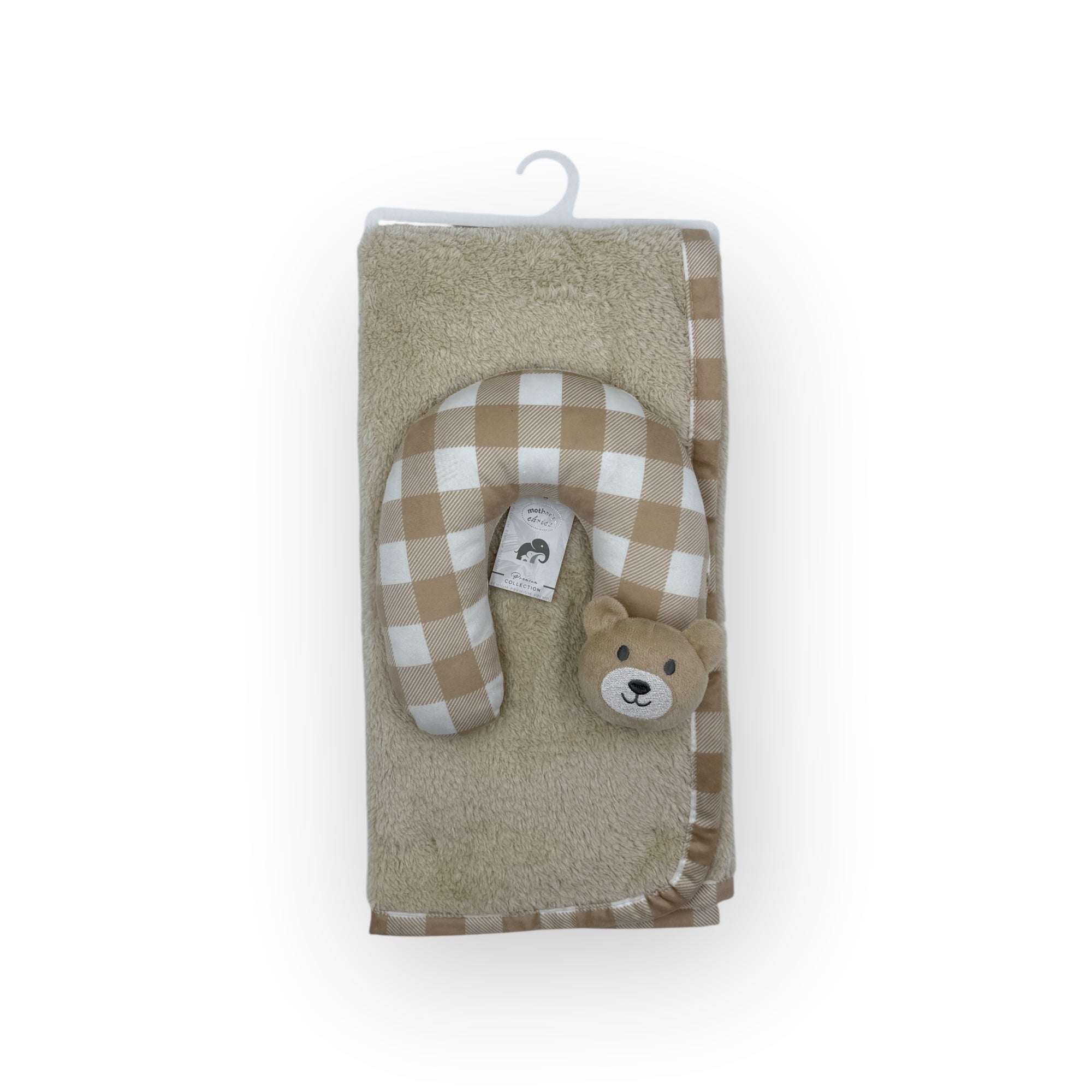 M/C SUPER SOFT CORAL FLEECE WITH PRINTED MINK BINDING BLANKET AND PILLOW SET NEUTRAL BROWN BEAR